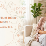 Postpartum body changes: what to expect after birth — woman relaxing on a sofa with a cup of tea, MyLadyDoc