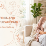Woman relaxing on a sofa with a cup of tea beside the title Vulvodynia and Chronic Vulvar Pain, MyLadyDoc